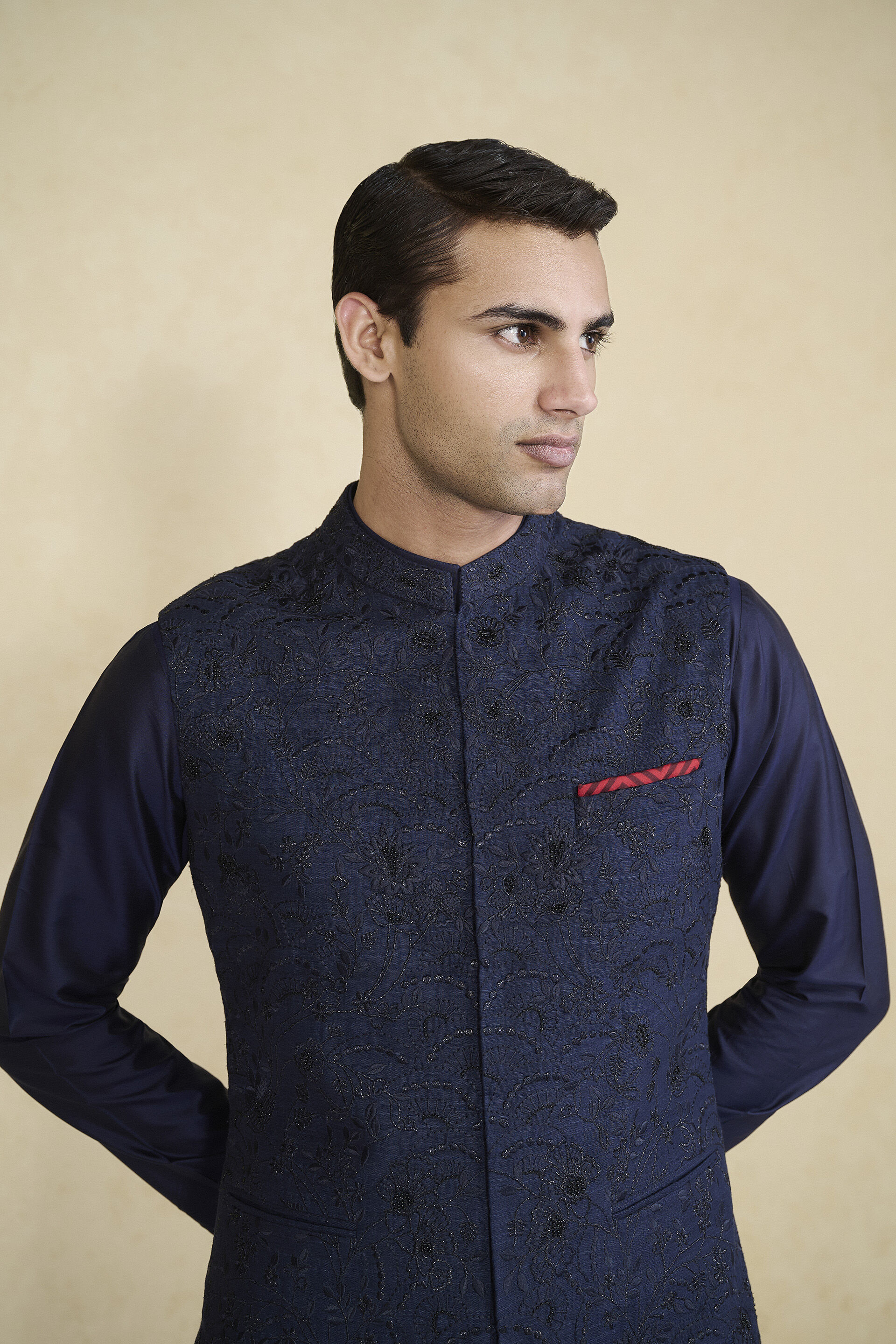 Banshik Hand-embroidered Silk Nehru Jacket - Navy, Navy, image 4